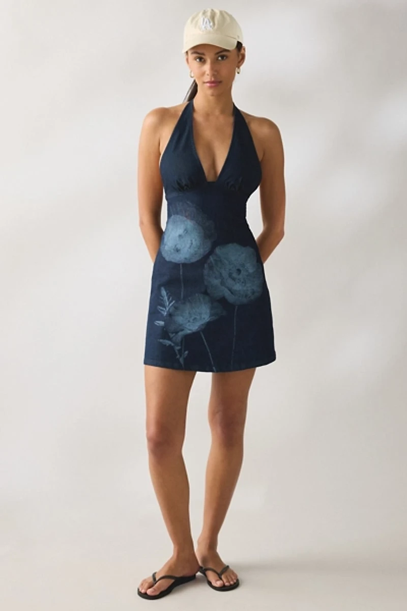 Kimchi Blue Flowerbeds Plunging Halter Mini Dress