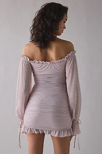 AFRM Claudia Mauve Pin Dot Off-The-Shoulder Ruched Mini Dress