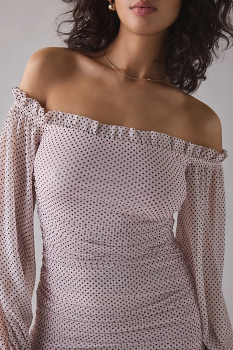AFRM Claudia Mauve Pin Dot Off-The-Shoulder Ruched Mini Dress