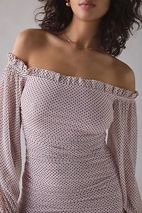 AFRM Claudia Mauve Pin Dot Off-The-Shoulder Ruched Mini Dress