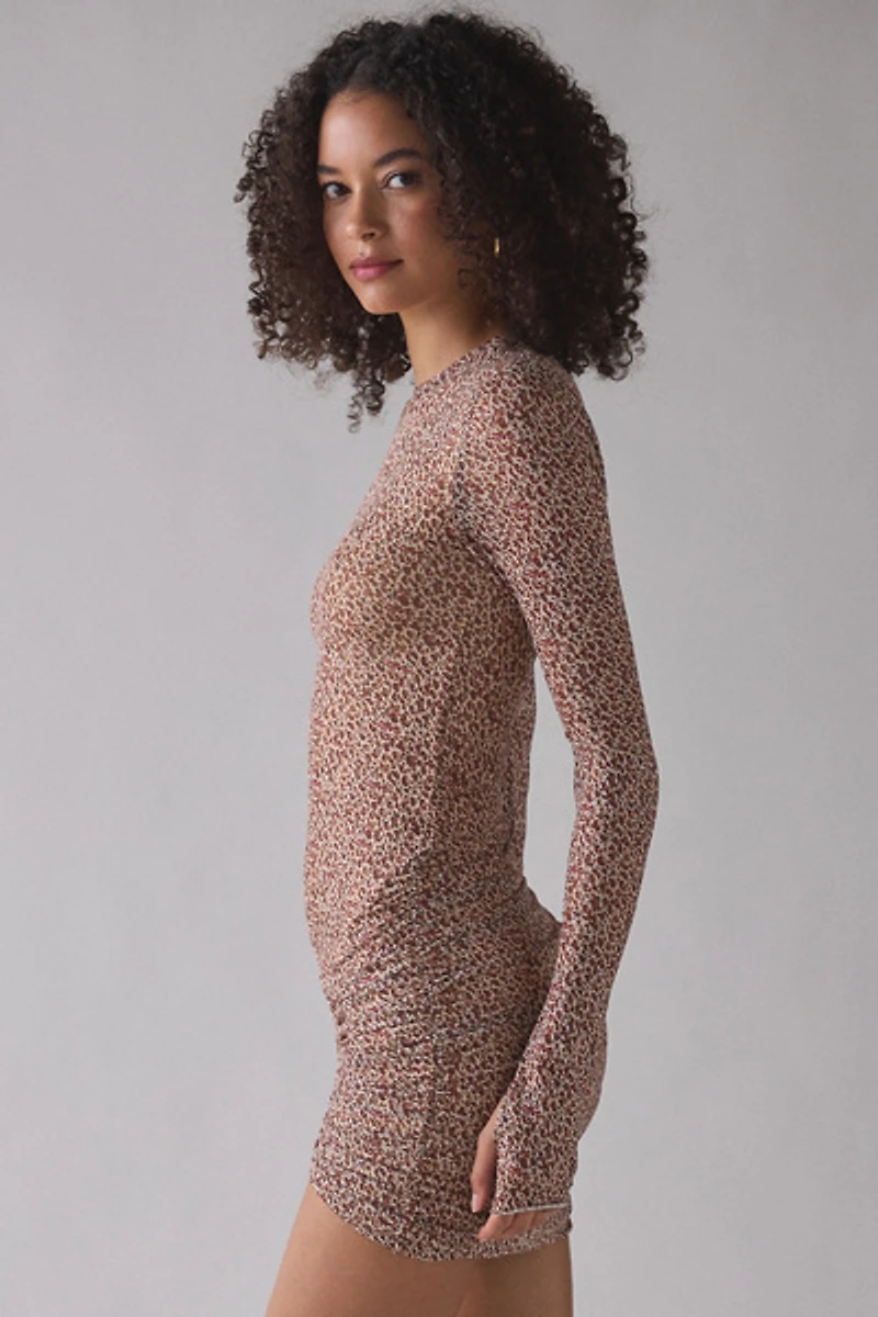 AFRM Mirza Long Sleeve Ruched Asymmetric Mesh Mini Dress