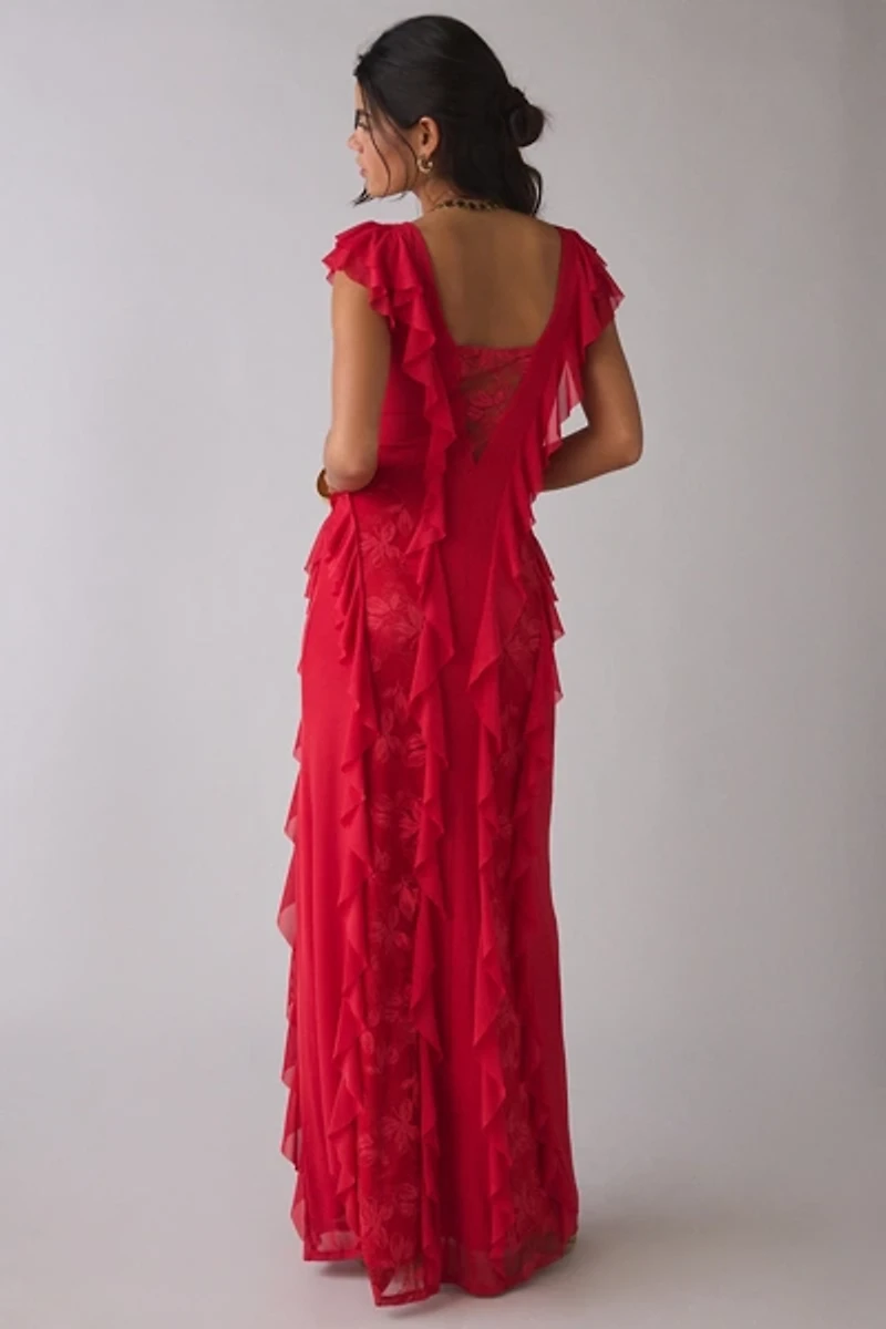 AFRM Trista Cascading Ruffle Lace Maxi Dress