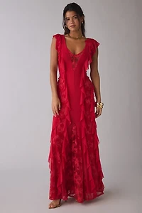 AFRM Trista Cascading Ruffle Lace Maxi Dress