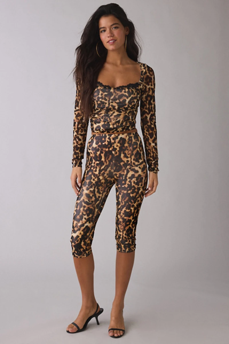 AFRM Marcello Animal Print Mesh Long Sleeve Top