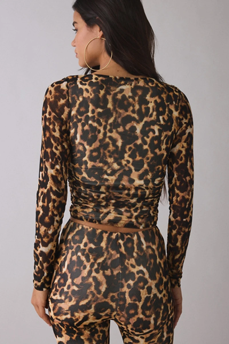 AFRM Marcello Animal Print Mesh Long Sleeve Top