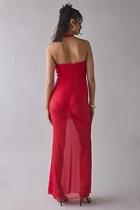 AFRM Sid Kiss Red Sheer Mesh Halter Maxi Dress