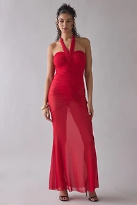 AFRM Sid Kiss Red Sheer Mesh Halter Maxi Dress