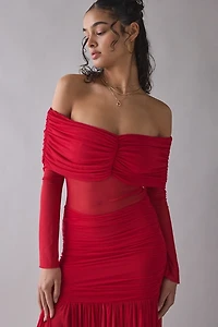 AFRM Emmeline Kiss Red Sheer Mesh Off-The-Shoulder Maxi Dress