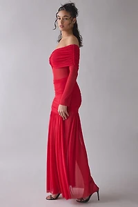 AFRM Emmeline Kiss Red Sheer Mesh Off-The-Shoulder Maxi Dress