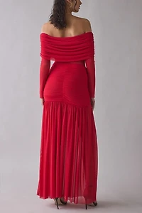 AFRM Emmeline Kiss Red Sheer Mesh Off-The-Shoulder Maxi Dress