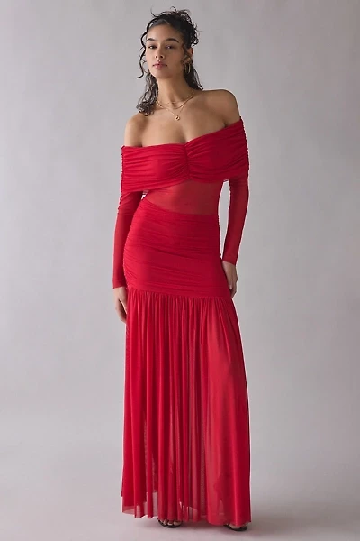 AFRM Emmeline Kiss Red Sheer Mesh Off-The-Shoulder Maxi Dress