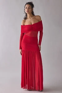 AFRM Emmeline Kiss Red Sheer Mesh Off-The-Shoulder Maxi Dress