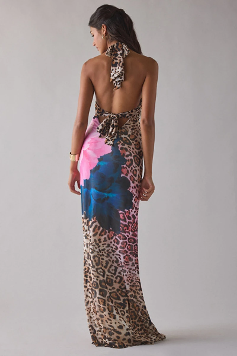 AFRM Paisleigh Animal Block Peony Mesh Halter Maxi Dress