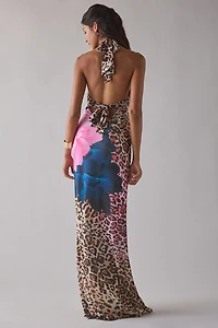 AFRM Paisleigh Animal Block Peony Mesh Halter Maxi Dress
