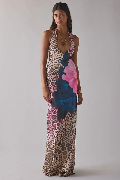AFRM Paisleigh Animal Block Peony Mesh Halter Maxi Dress