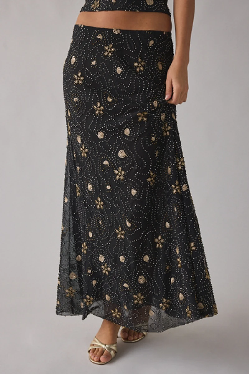 UO Shimmer Haze Beaded Embroidered Mesh Skirt 2-Piece Set