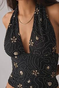 UO Shimmer Haze Beaded Embroidered Semi-Sheer Mesh Skirt 2-Piece Set