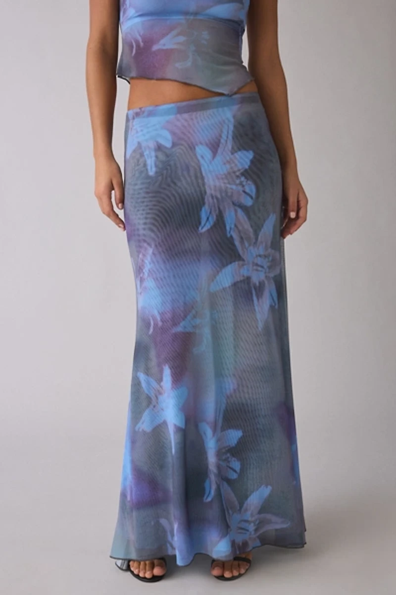 UO Shimmer Haze Printed Mesh Asymmetric Skirt 2-Piece Set