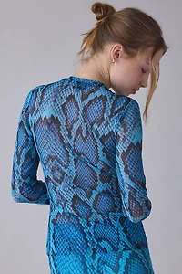 AFRM Kaylee Blue Fish Snake Mesh Long Sleeve Crop Top