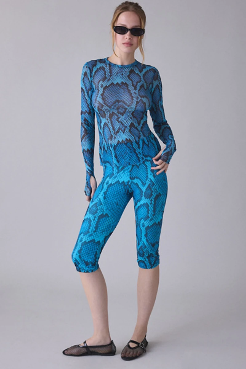 AFRM Kaylee Blue Fish Snake Mesh Long Sleeve Crop Top