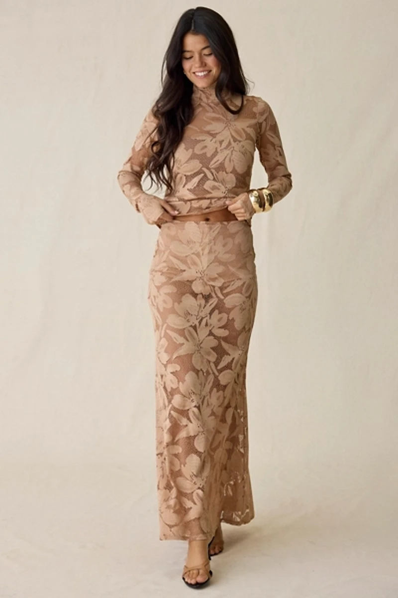 AFRM Tilly Almond Sheer Lace Maxi Skirt