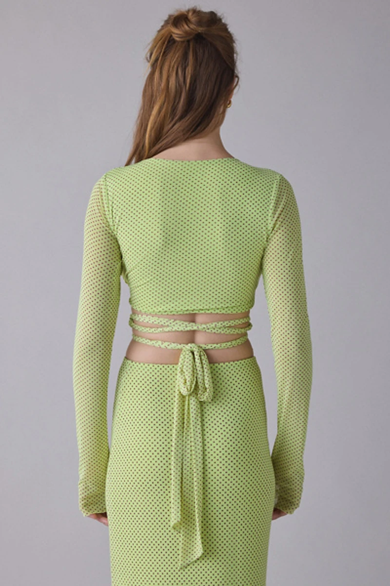AFRM Halsey Citrus Pin Dot Sheer Mesh Wrap Top