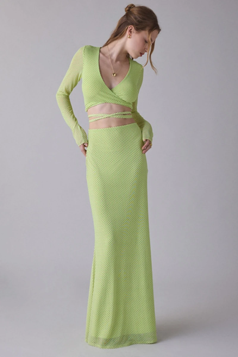 AFRM Halsey Citrus Pin Dot Sheer Mesh Wrap Top