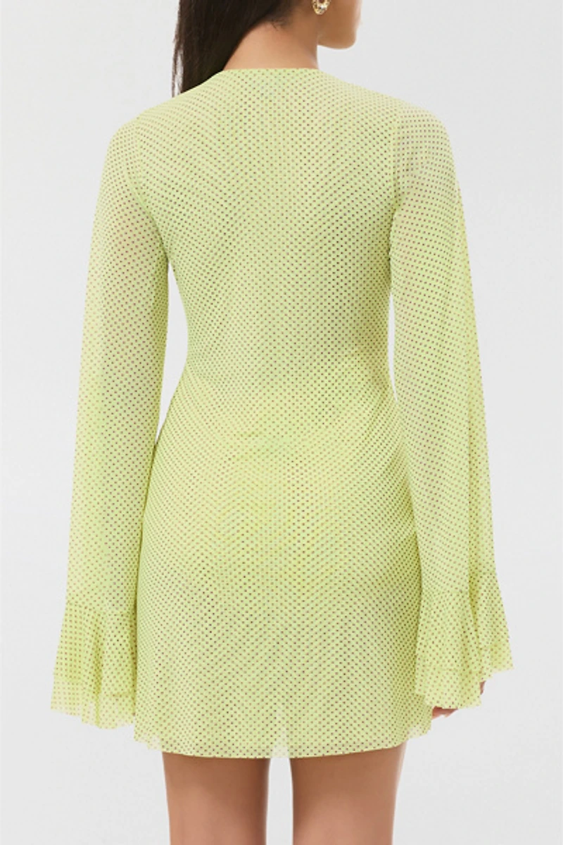 AFRM Kori Citrus Pin Dot Tie-Front Keyhole Bell Sleeve Mini Dress