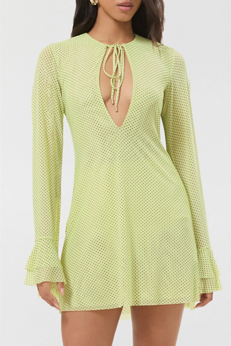 AFRM Kori Citrus Pin Dot Tie-Front Keyhole Bell Sleeve Mini Dress