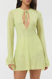 AFRM Kori Citrus Pin Dot Tie-Front Keyhole Bell Sleeve Mini Dress