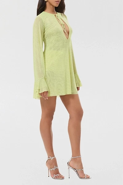 AFRM Kori Citrus Pin Dot Tie-Front Keyhole Bell Sleeve Mini Dress