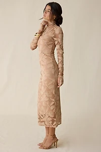 AFRM Shailene Almond Crochet Lace Bodycon Long Sleeve Midi Dress