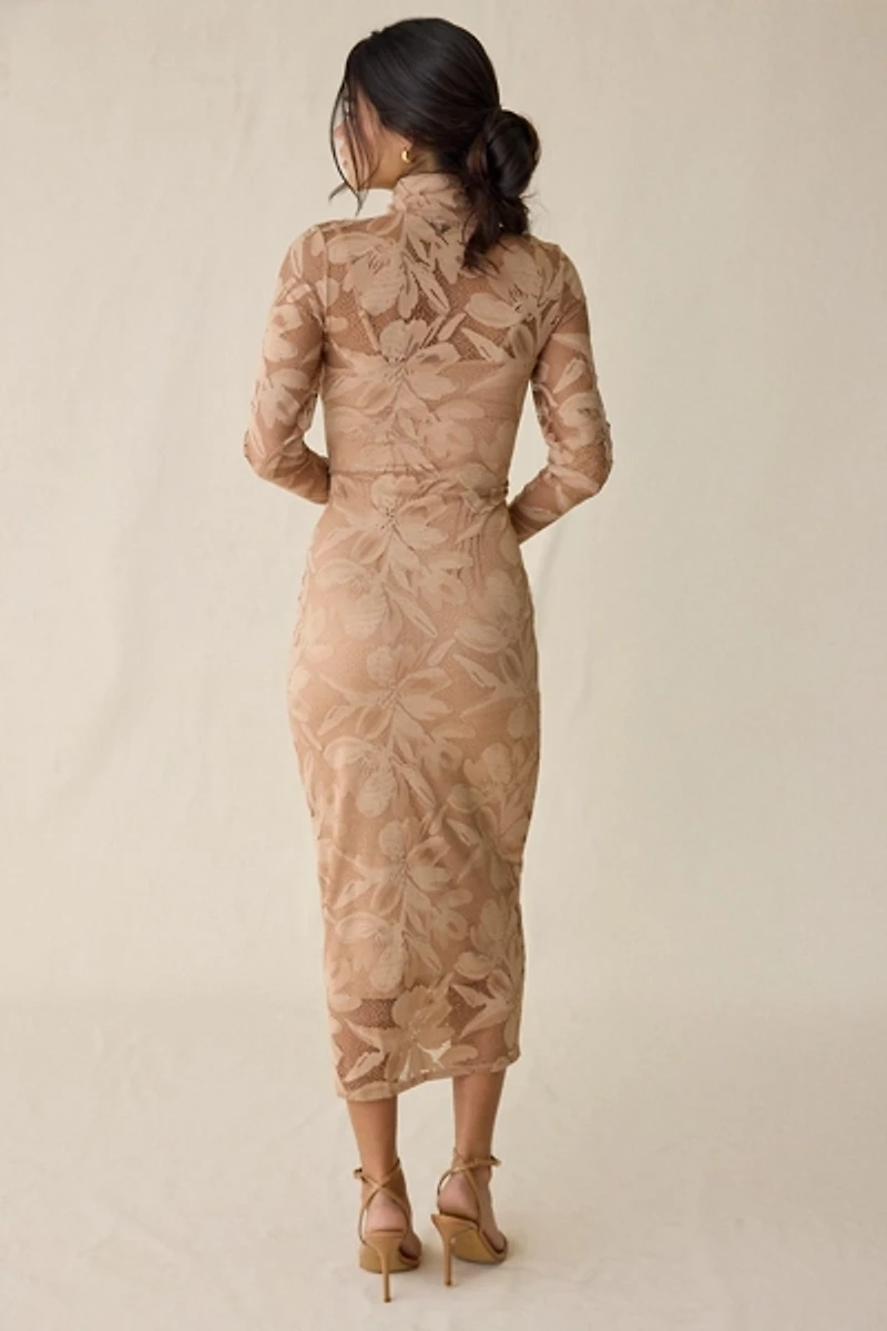 AFRM Shailene Almond Crochet Lace Bodycon Long Sleeve Midi Dress