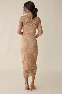 AFRM Shailene Almond Crochet Lace Bodycon Long Sleeve Midi Dress