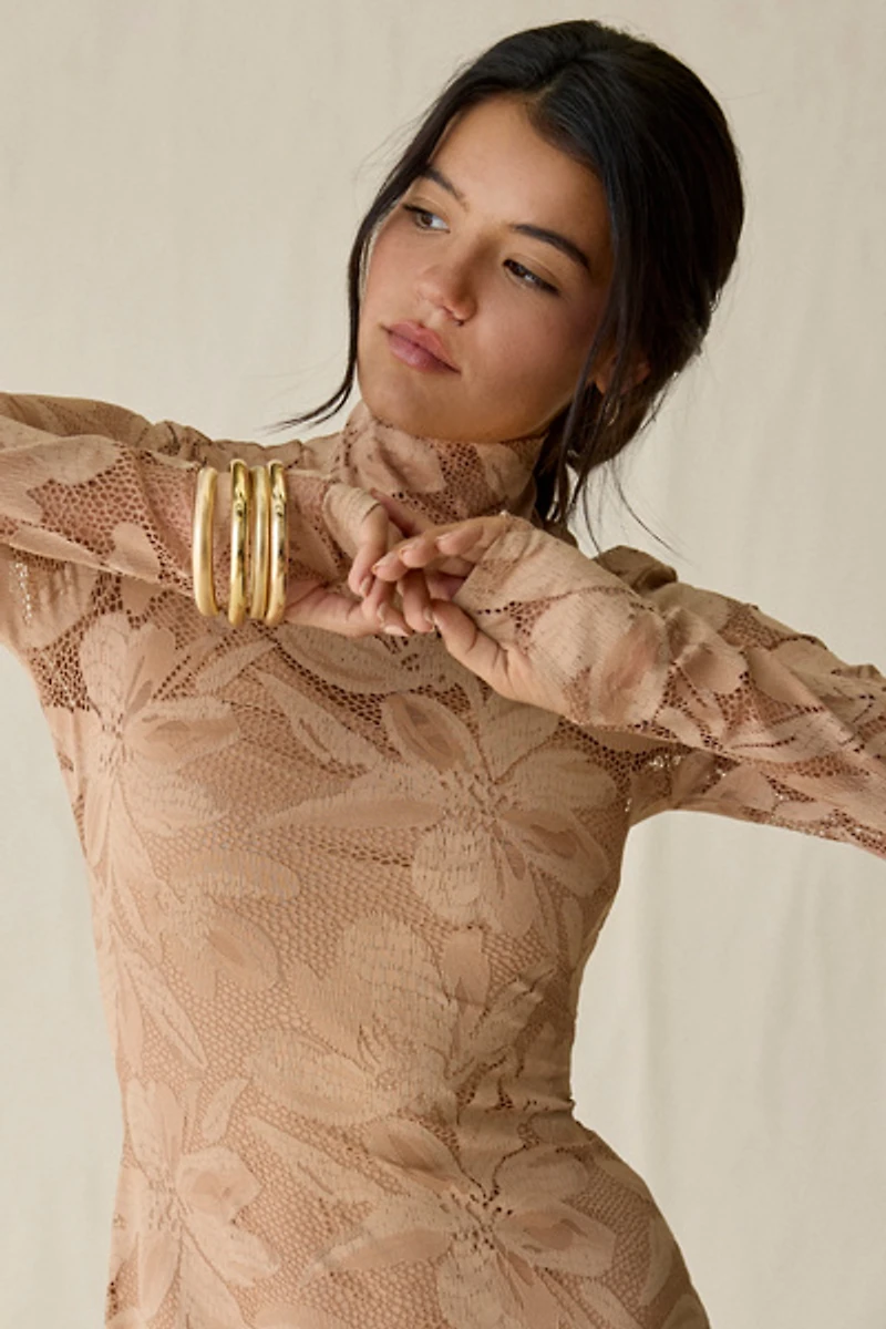 AFRM Shailene Almond Crochet Lace Bodycon Long Sleeve Midi Dress