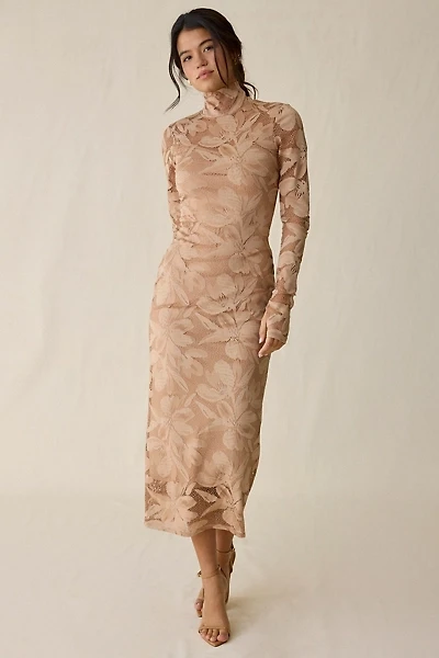 AFRM Shailene Almond Crochet Lace Bodycon Long Sleeve Midi Dress