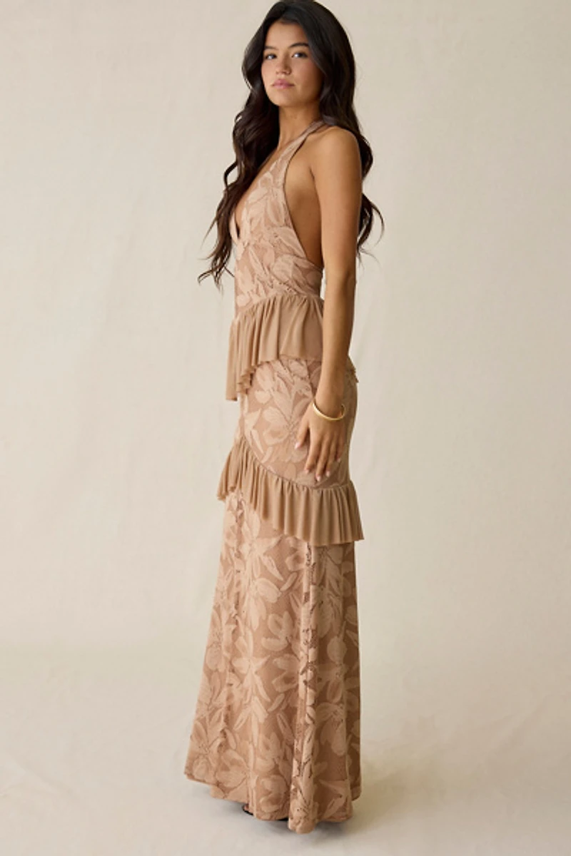 AFRM Athens Almond Crochet Lace Halter Maxi Dress