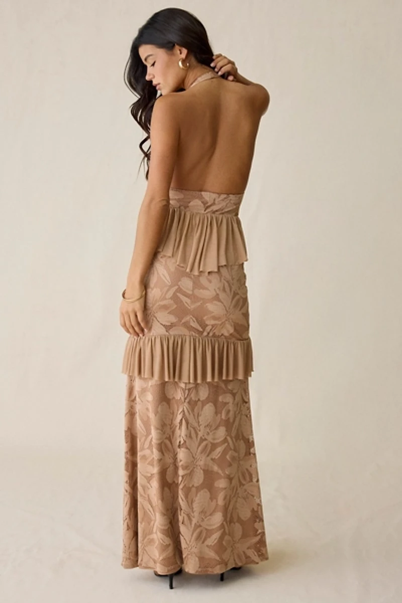 AFRM Athens Almond Crochet Lace Halter Maxi Dress