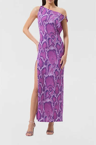 AFRM Saffron Cactus Snake Asymmetric Off-Shoulder Maxi Dress