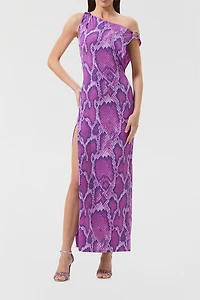 AFRM Saffron Cactus Snake Asymmetric Off-Shoulder Maxi Dress