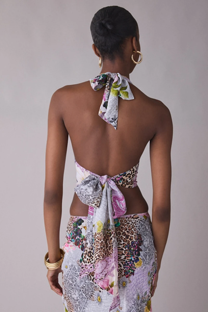 AFRM Sylas Natural Patchwork Tie-Back Halter Top