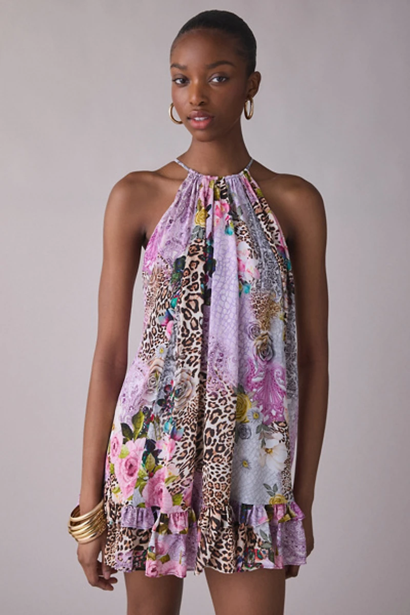 AFRM Colette Natural Patchwork Trapeze Halter Neck Mini Dress