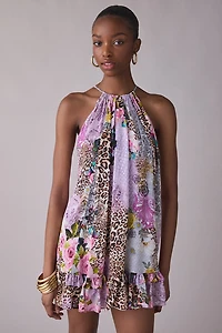 AFRM Colette Natural Patchwork Trapeze Halter Neck Mini Dress