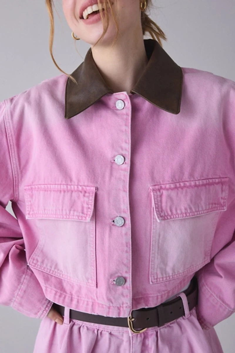 AFRM Tanner Soft Pink Wash Denim Crop Utility Jacket