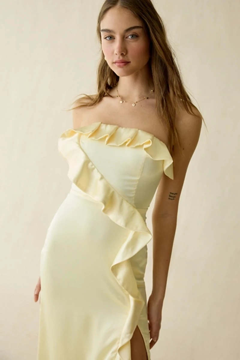 Lulus Bonnie Satin Asymmetric Ruffle Strapless Maxi Dress