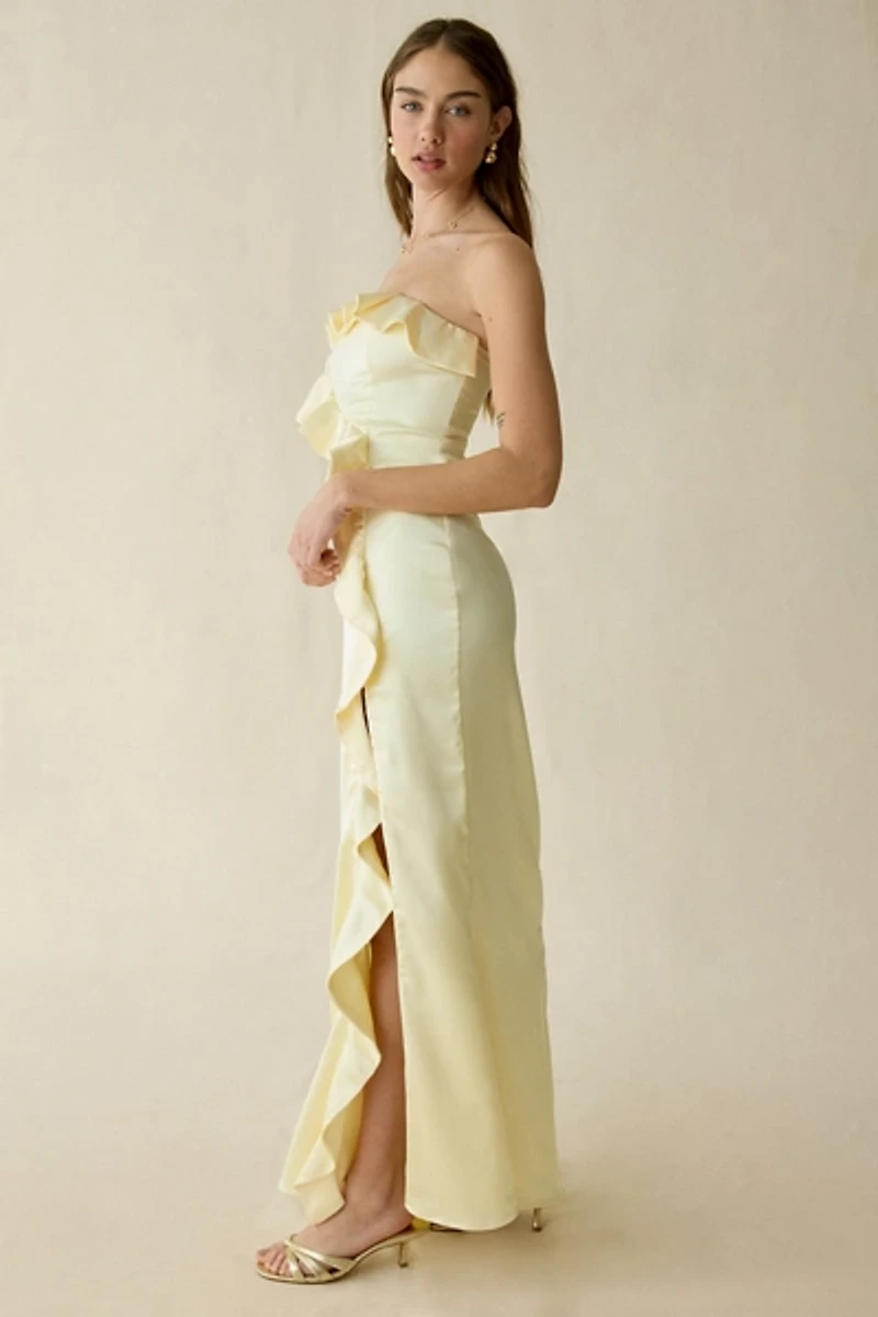 Lulus Bonnie Satin Asymmetric Ruffle Strapless Maxi Dress