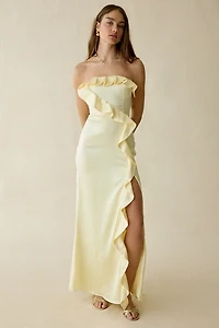 Lulus Bonnie Satin Asymmetric Ruffle Strapless Maxi Dress
