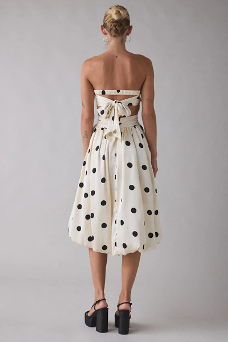 Lulus Nadine Polka Dot Tie-Back Strapless Bubble Midi Dress