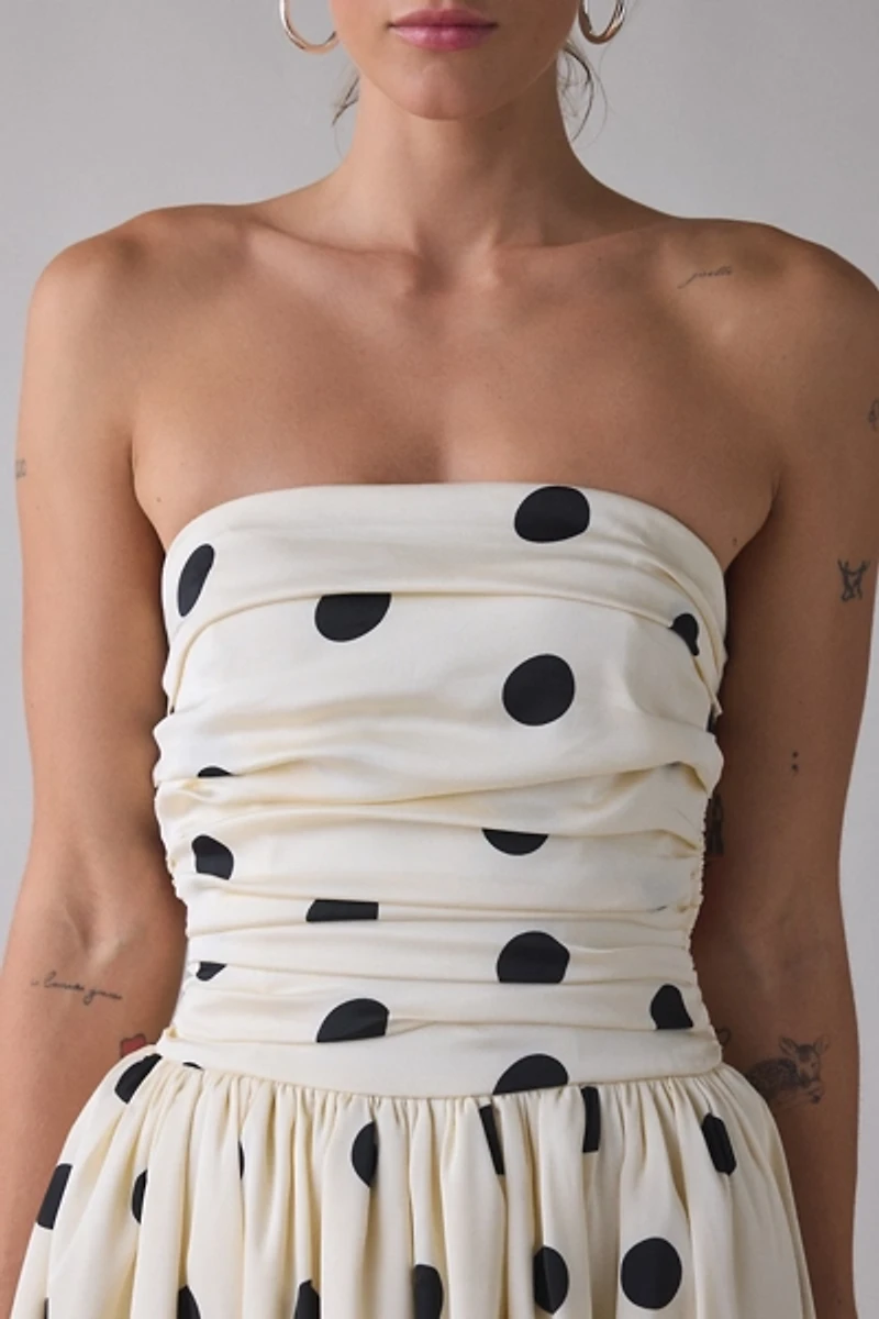 Lulus Nadine Polka Dot Tie-Back Strapless Bubble Midi Dress