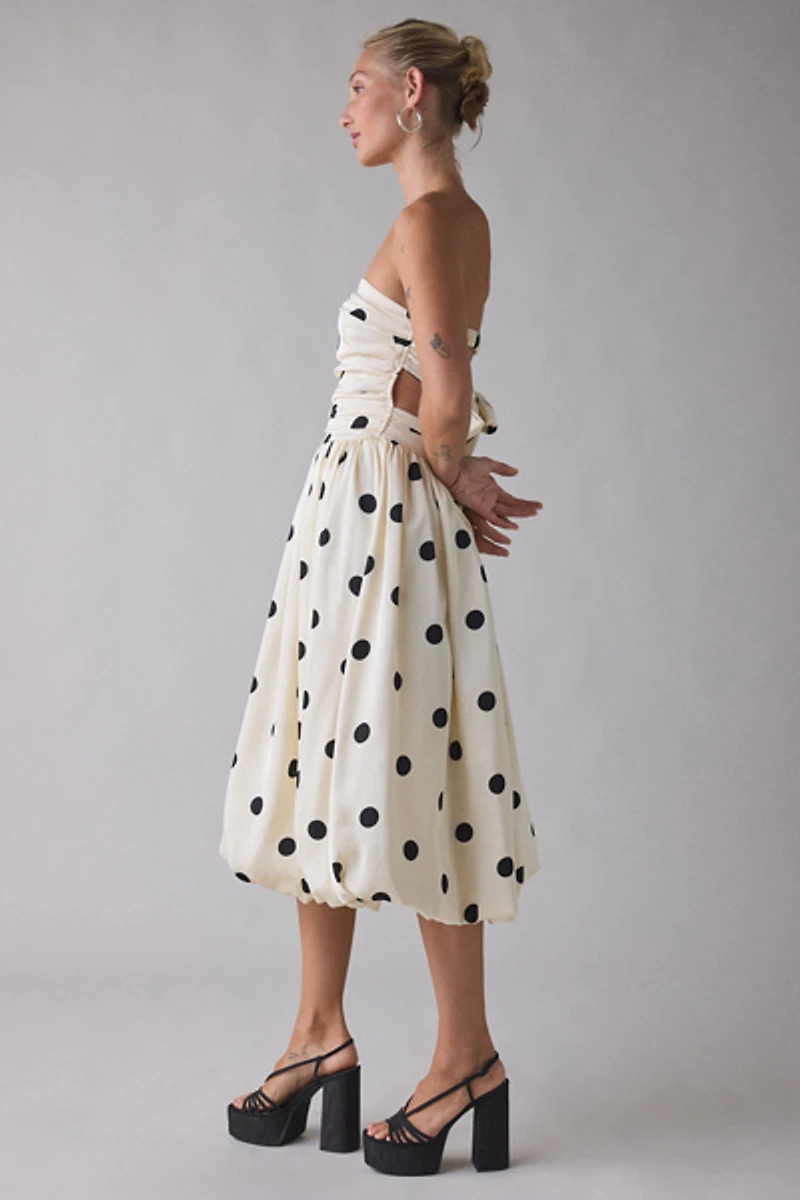 Lulus Nadine Polka Dot Tie-Back Strapless Bubble Midi Dress